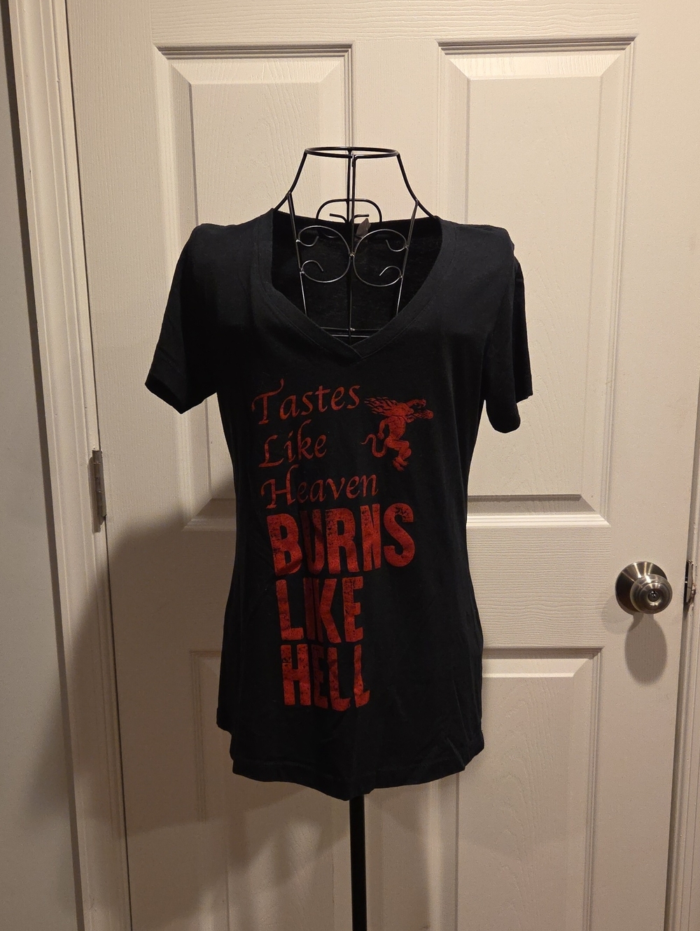 Black Graphic V-Neck Women’s Tee with Red Print Fireball